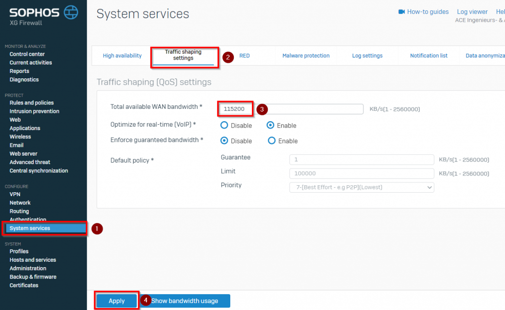 Configure available internet bandwidth