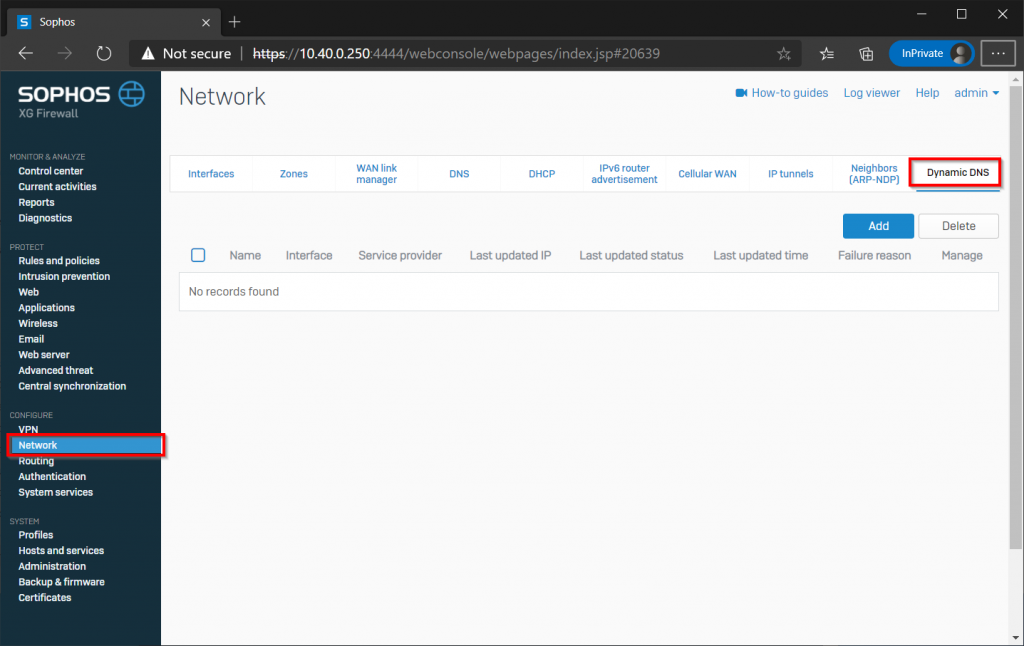 Dynamic DNS settings are found under Configure -> Network