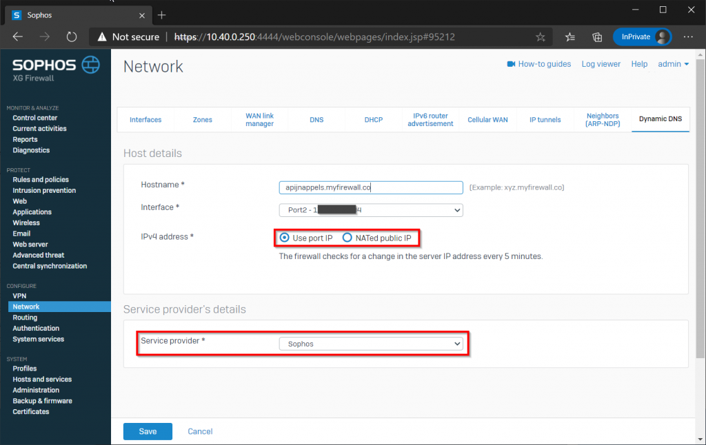 Configure the (free) Sophos Dynamic DNS service