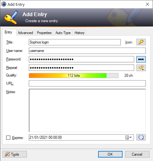 Create the Keepass entry