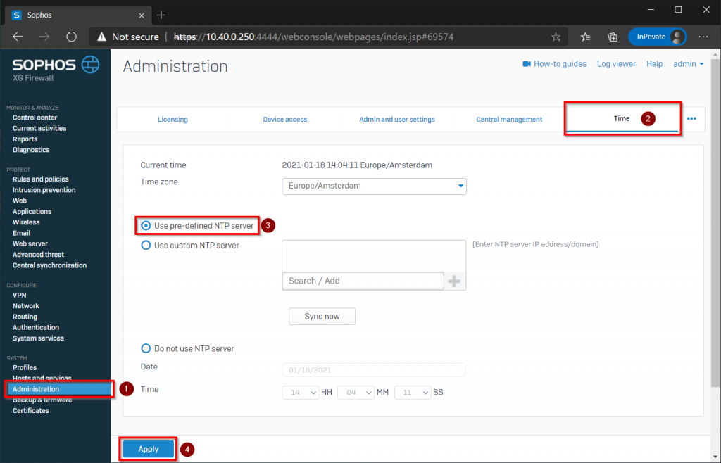 Keep the time of your firewall up-to-date by configuring an NTP server