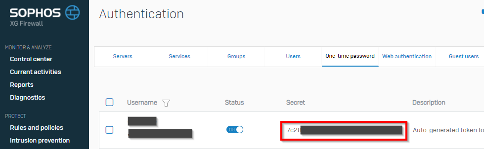 XG Firewall OTP secret